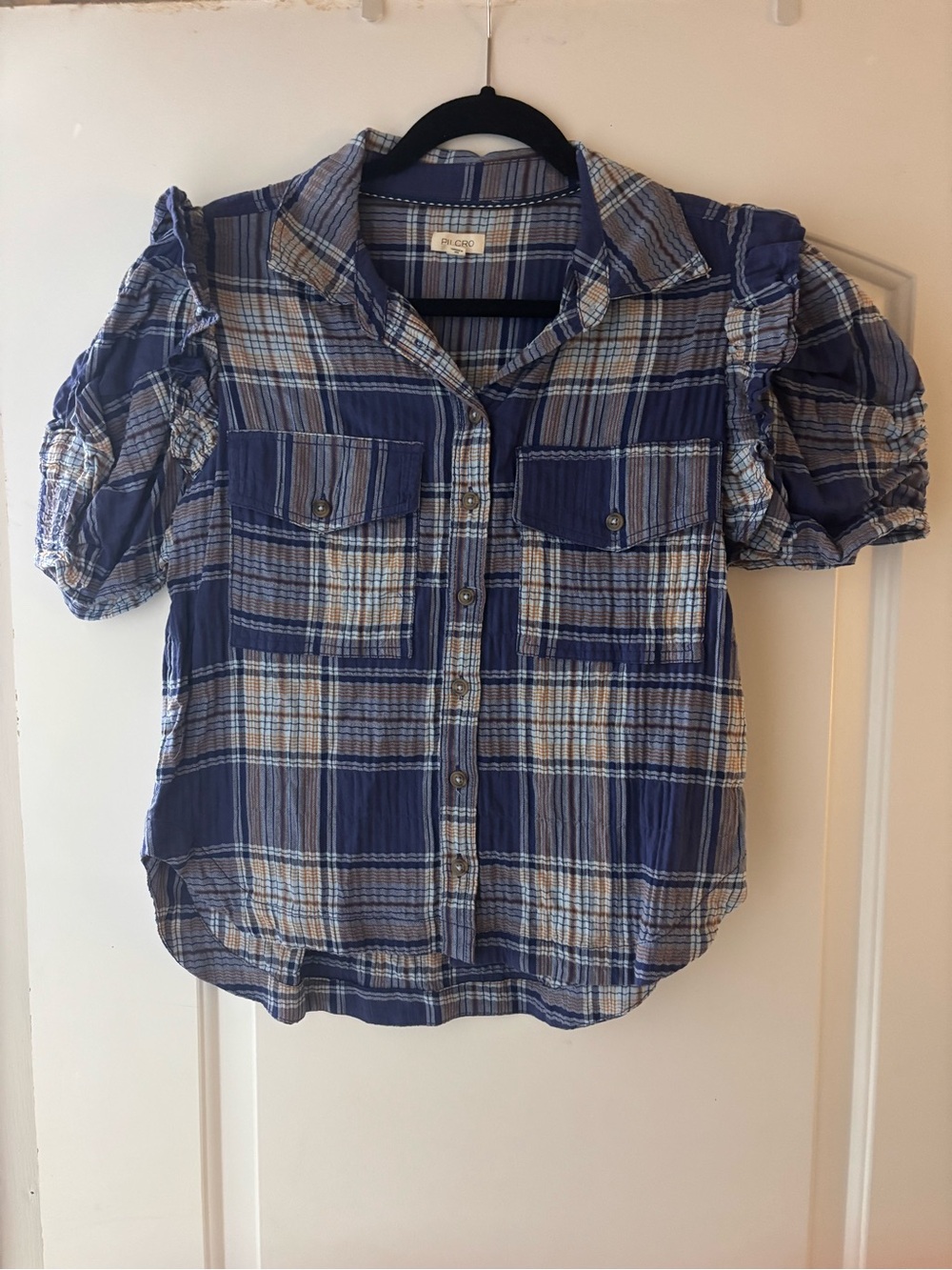 Pilcro Anthropologie Ozzi Plaid Ruffle Sleeve Button Down Shirt Size S Blue - Picture 3 of 3